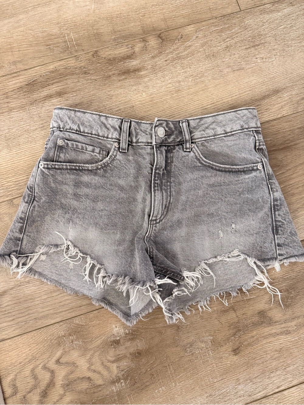 Garage Washed Gray High-Rise Frayed Denim Shorts